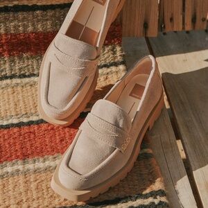 Dolce Vita Neutral Suede Platform Penny Loafers - Light Beige